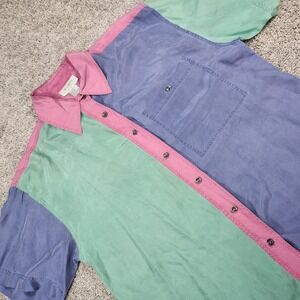 Words Paris Sport Club‎ Silk Shirt Womens M Vintage 80s 90s Colorblock Pastel